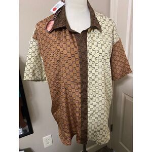 NWT Spoon‎ Jeans  Bow Pattern Short Sleeve Blouse Cream Brown Chic Size L